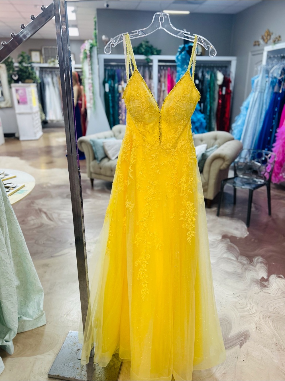 ellie wilde Yellow Lace V-Neck Prom Gown